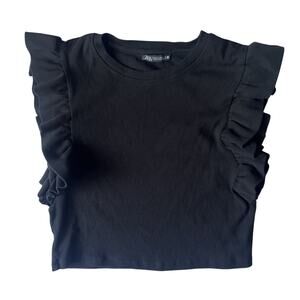 Zara Black Ribbed Ruffle Flutter Sleeve Crop Top Size M Sleeveless Summer